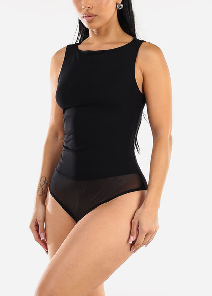 Sleeveless Boat Neckline Mesh Thong Bodysuit Black