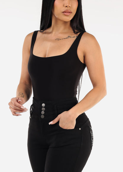 Sleeveless Square Neck Black Thong Bodysuit