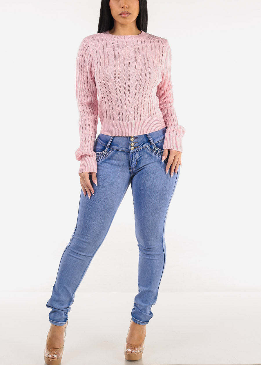 Long Sleeve Crewneck Cable Knit Sweater Pink