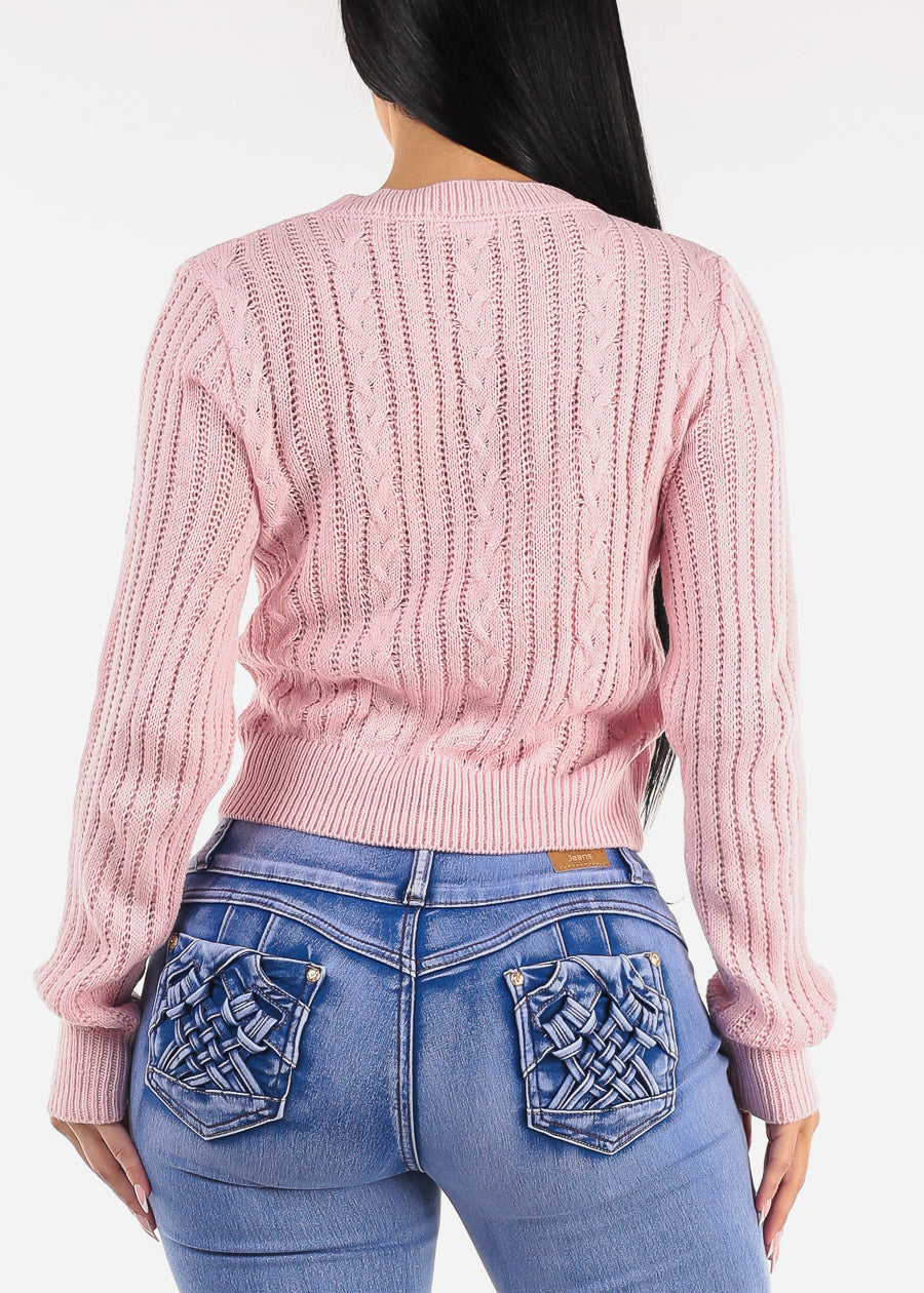 Long Sleeve Crewneck Cable Knit Sweater Pink