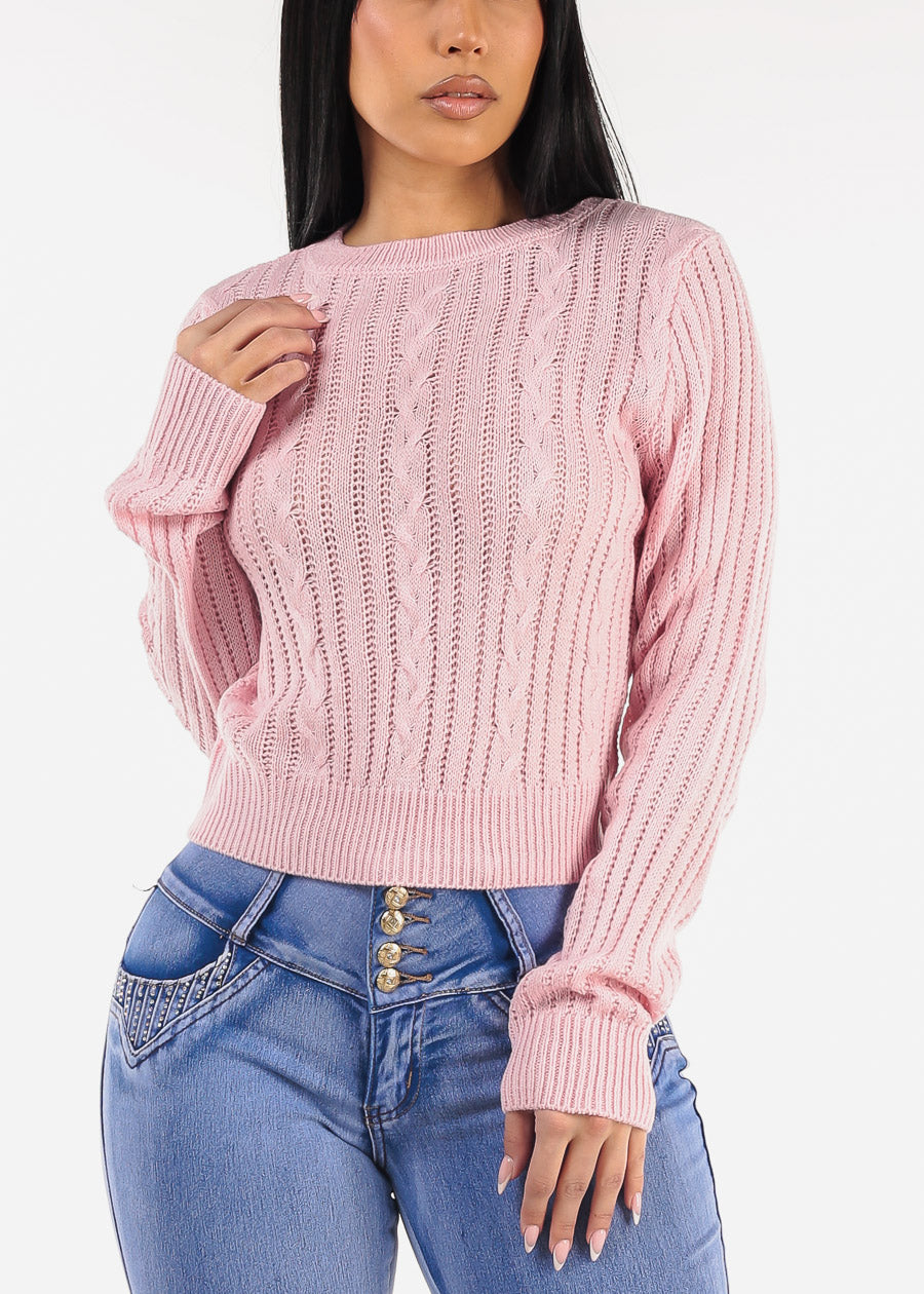 Long Sleeve Crewneck Cable Knit Sweater Pink