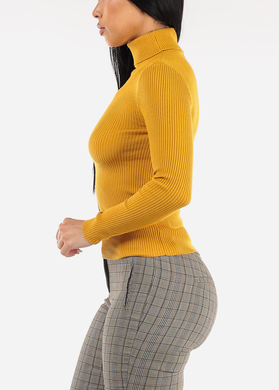 Long Sleeve Turtleneck Ribbed Sweater Mustard