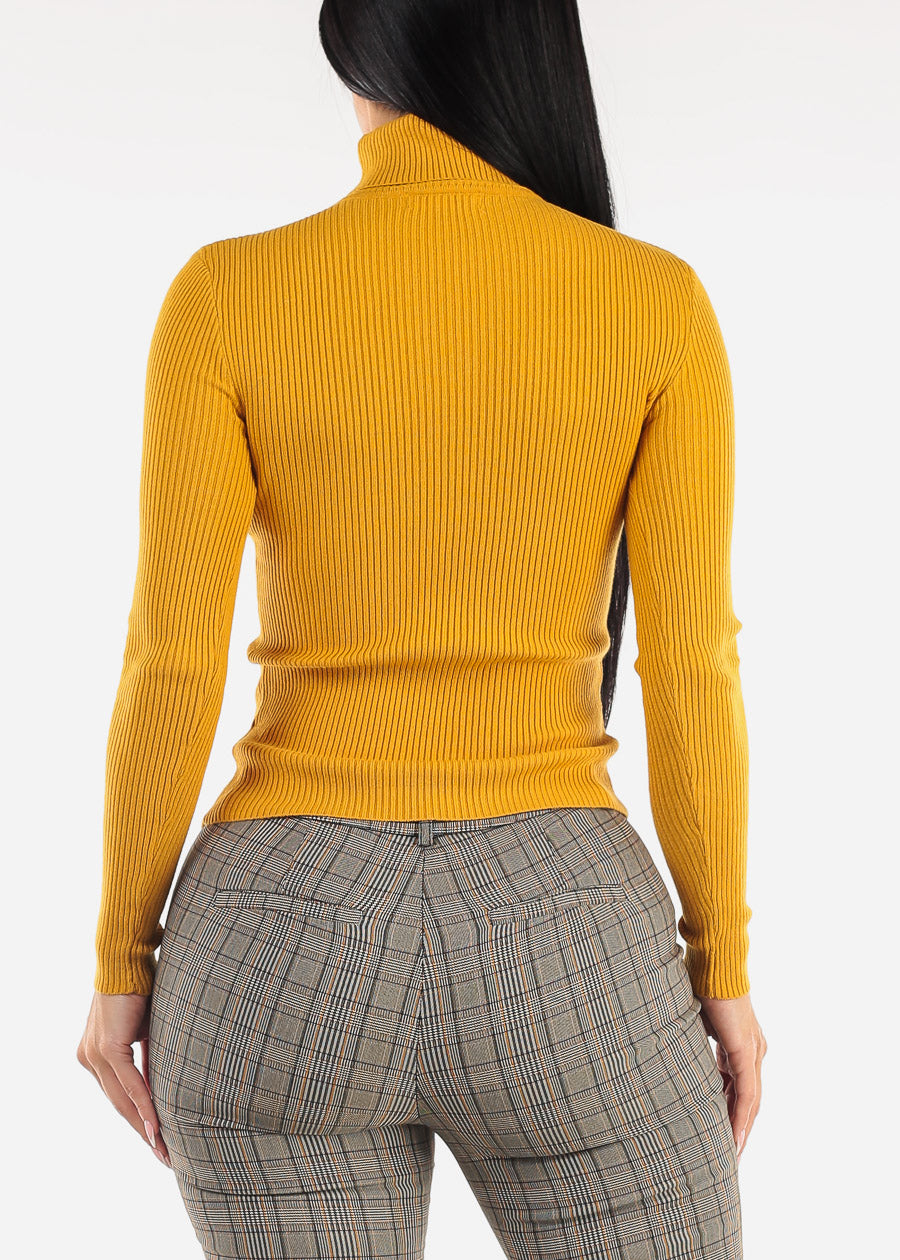 Long Sleeve Turtleneck Ribbed Sweater Mustard