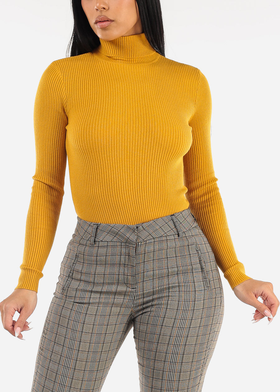 Long Sleeve Turtleneck Ribbed Sweater Mustard