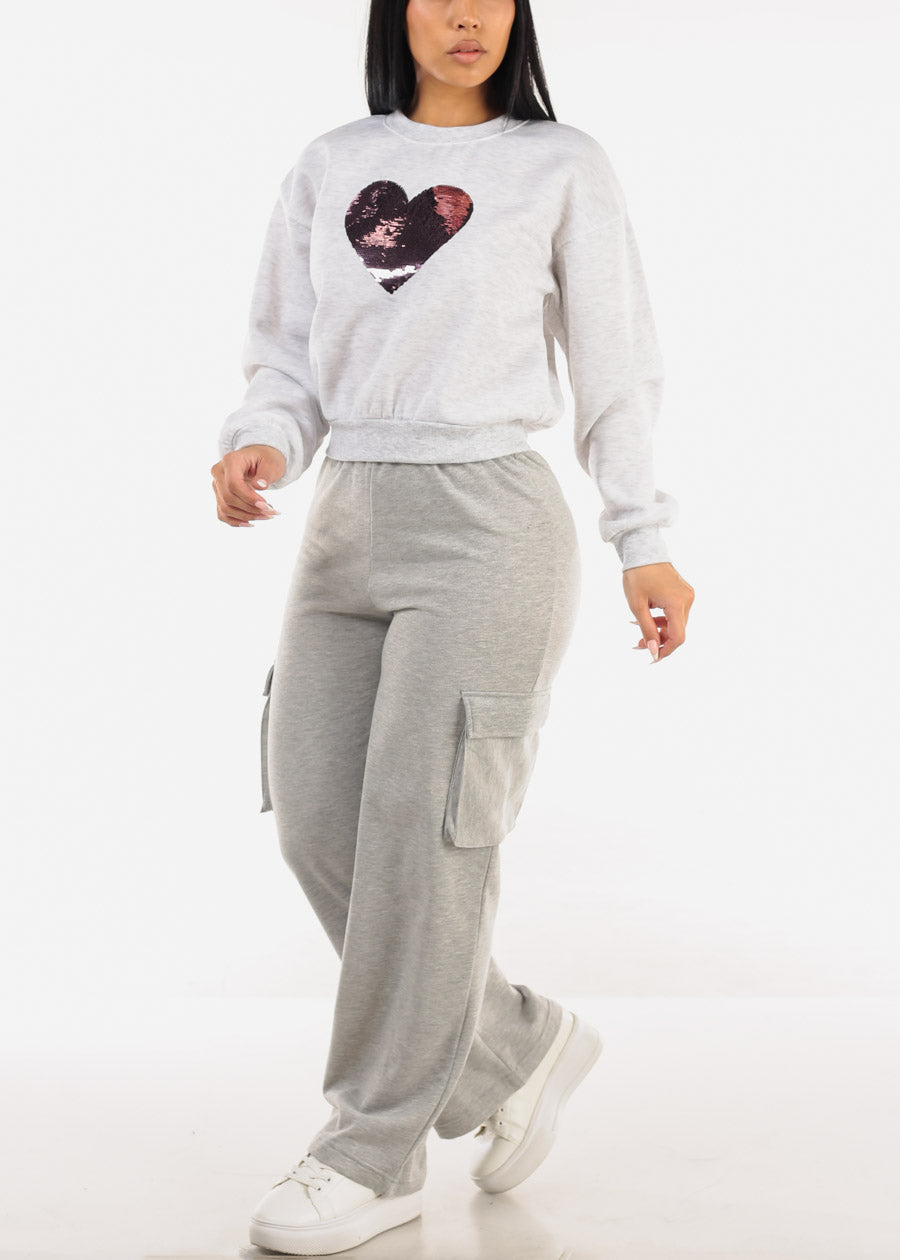 Grey Crewneck Fleece Sweatshirt w Sequin Heart