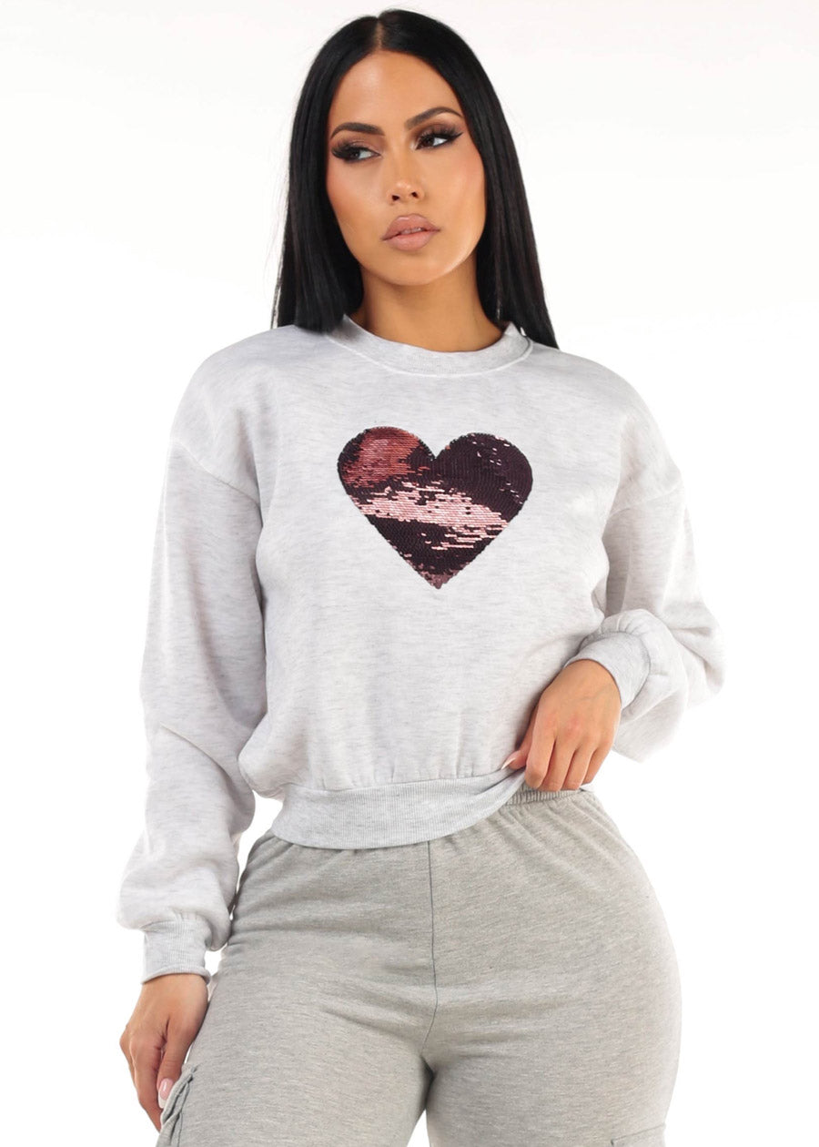 Grey Crewneck Fleece Sweatshirt w Sequin Heart