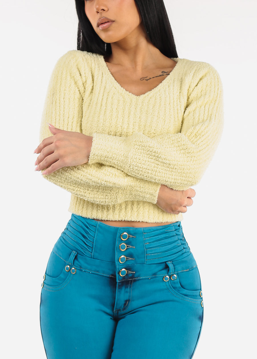 Long Sleeve Vneck Plush Sweater Lemon