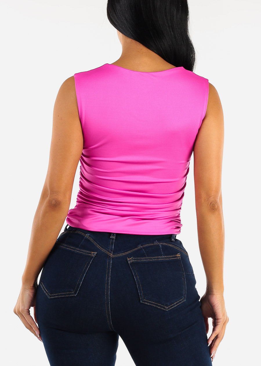 Sleeveless Square Neck Ruched Top Fuchsia