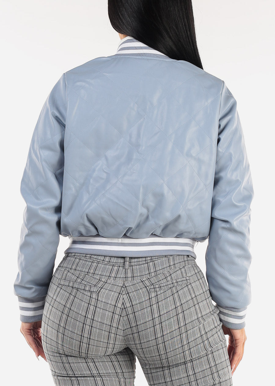 Quilted Vegan Leather Bomber Jacket Light Blue