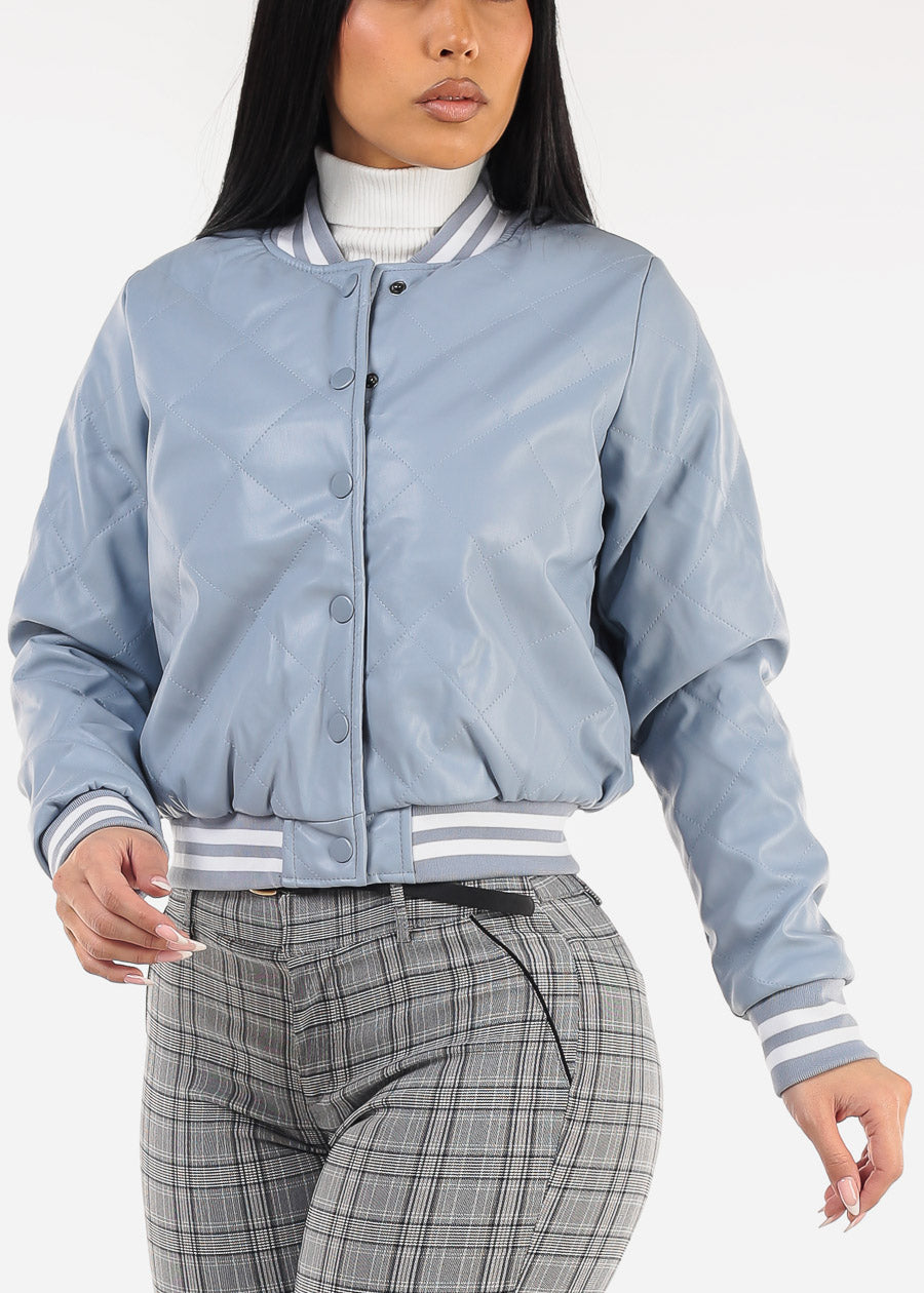 Quilted Vegan Leather Bomber Jacket Light Blue