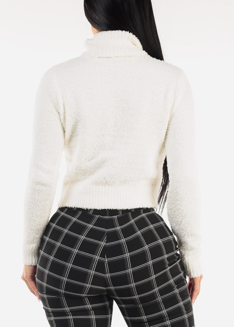 Long Sleeve Turtleneck Plush Sweater White