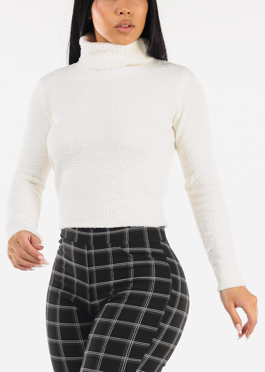 Long Sleeve Turtleneck Plush Sweater White