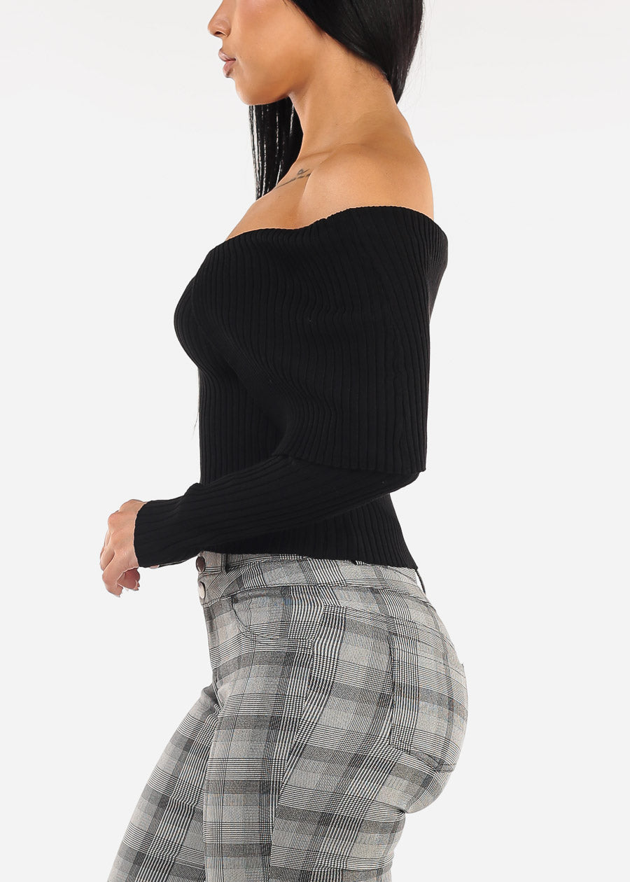 Black Off Shoulder Ribbed Sweater Top