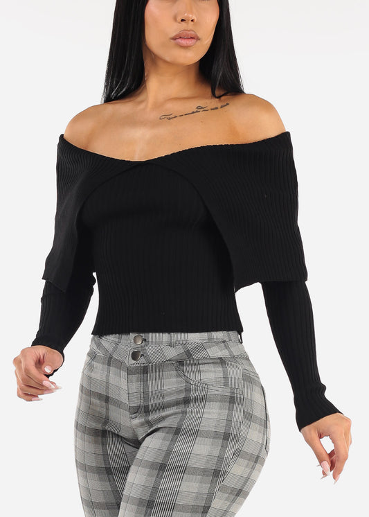 Black Off Shoulder Ribbed Sweater Top