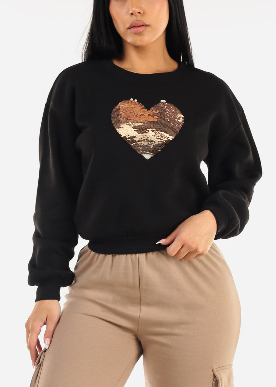 Black Crewneck Fleece Sweatshirt w Sequin Heart