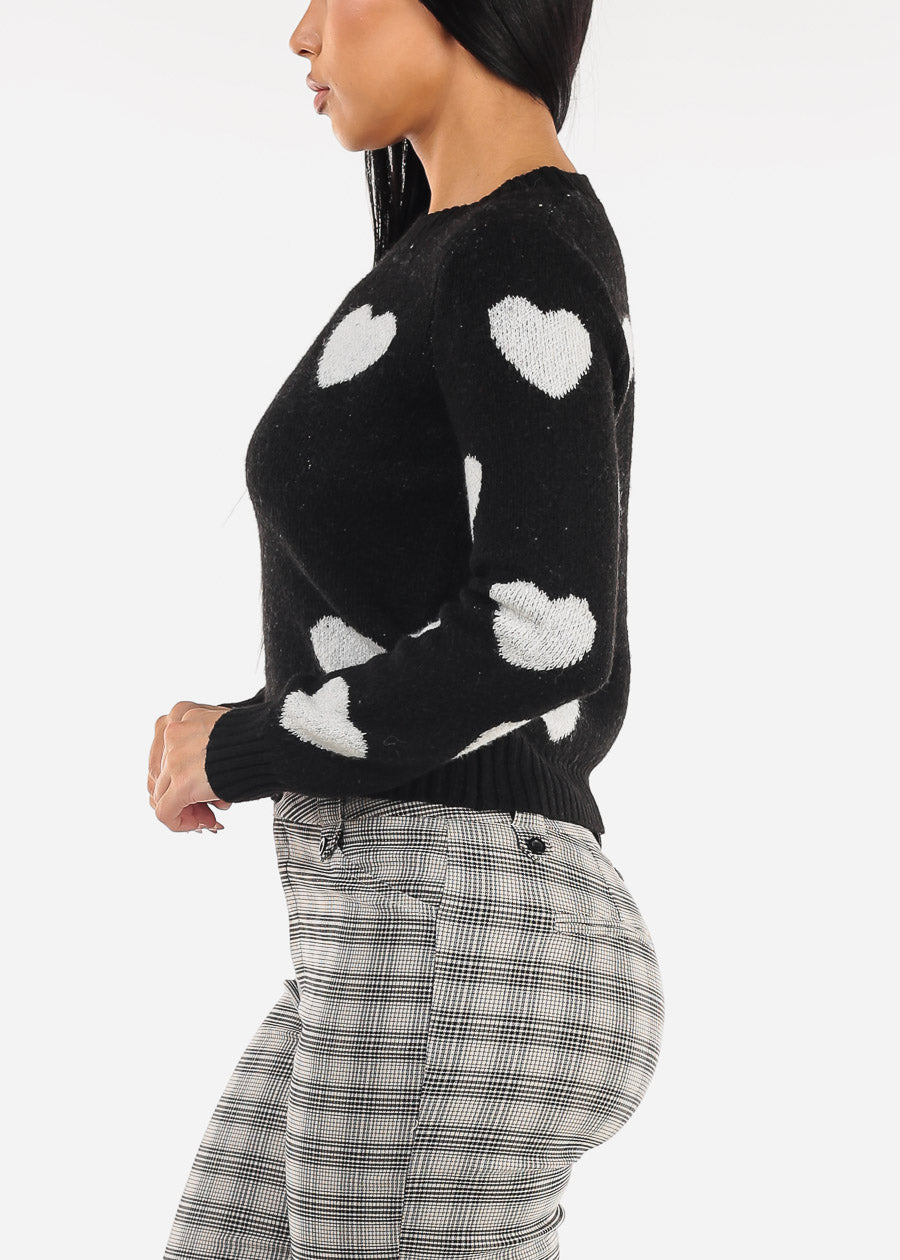 Long Sleeve Black Knitted Sweater "Hearts"