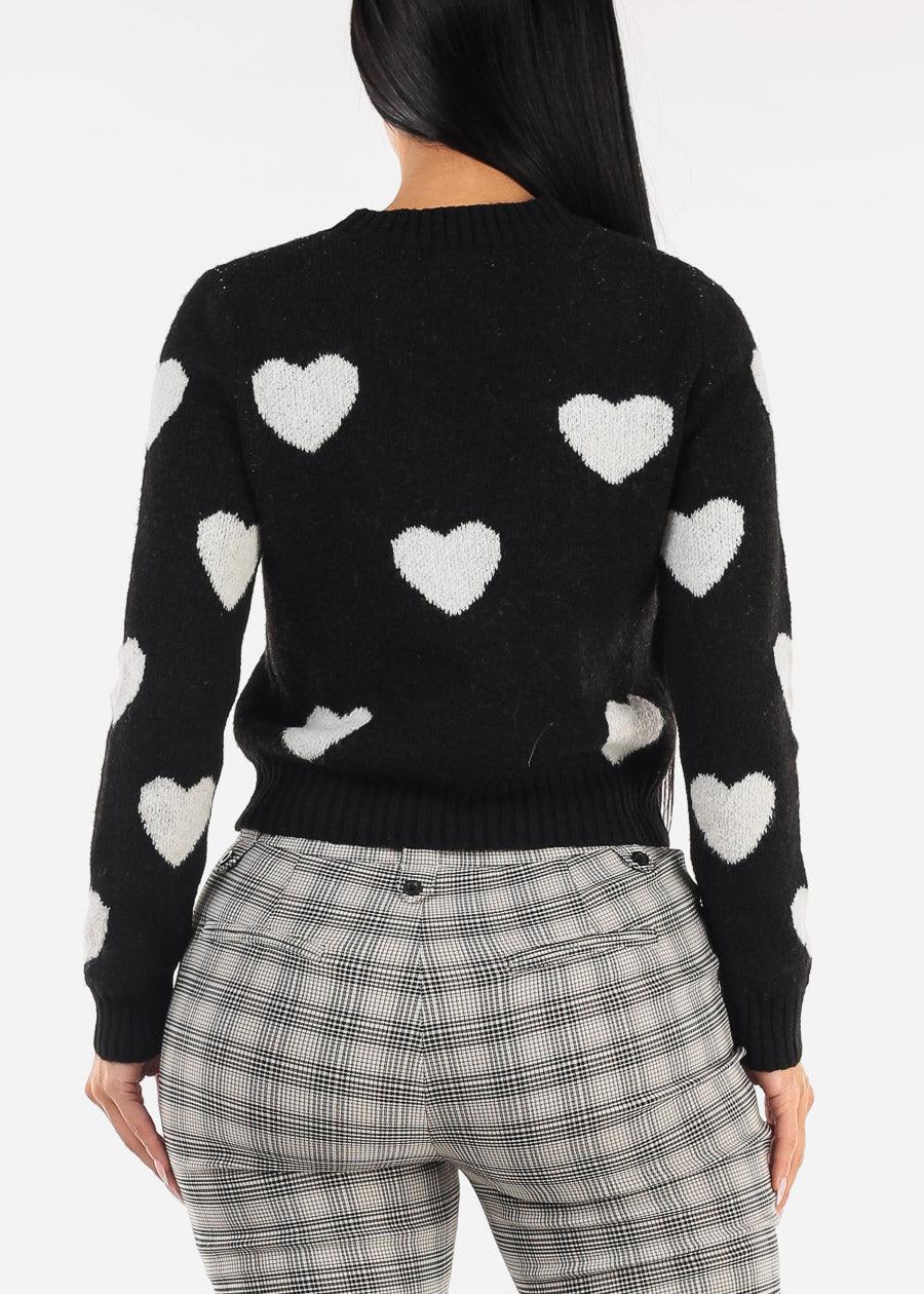 Long Sleeve Black Knitted Sweater "Hearts"