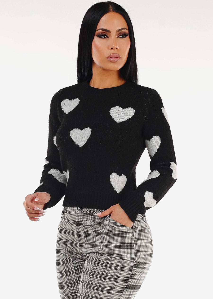 Long Sleeve Black Knitted Sweater "Hearts"