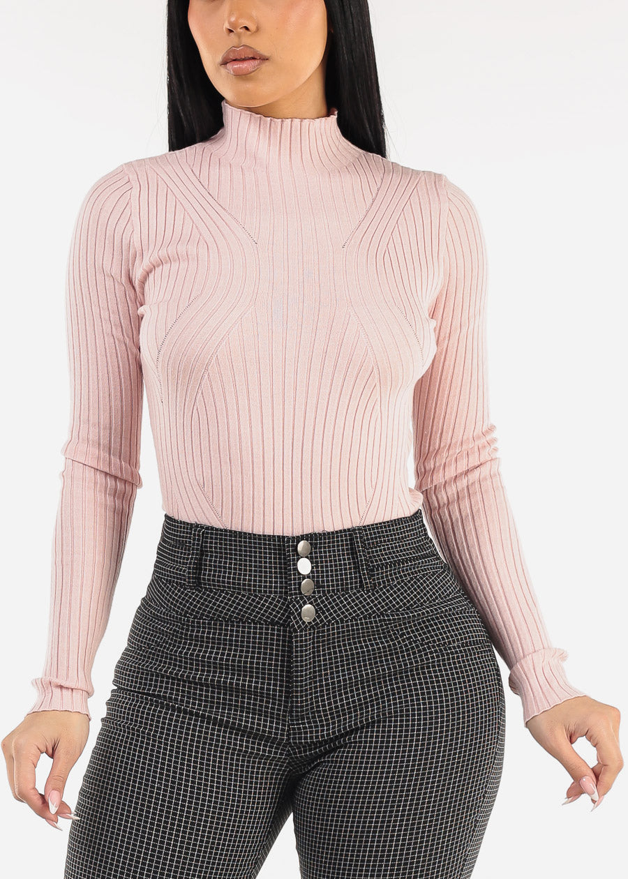 Long Sleeve Mock Neck Fitted Sweater Light Pink