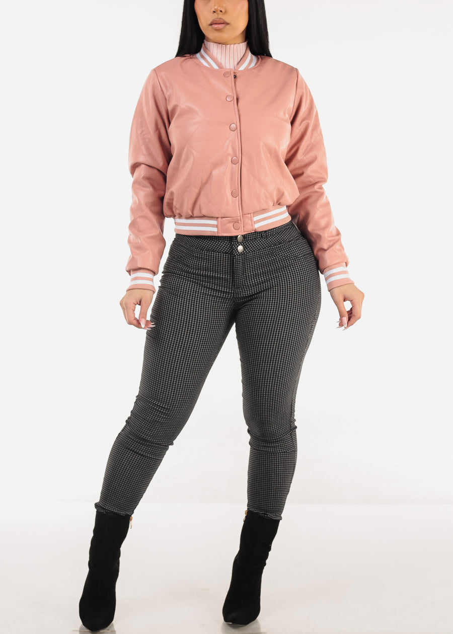 Quilted Vegan Leather Bomber Jacket Pink