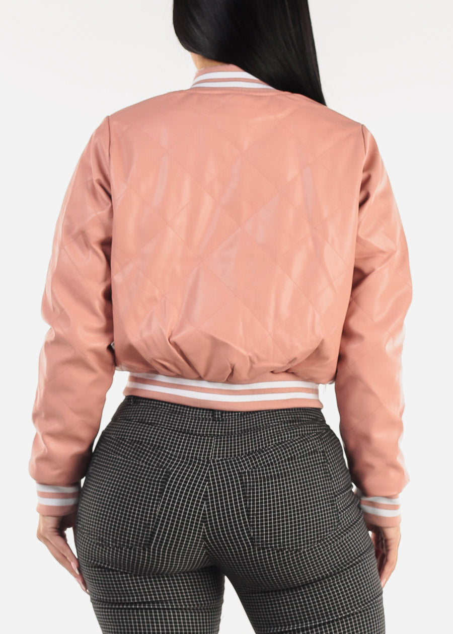 Quilted Vegan Leather Bomber Jacket Pink