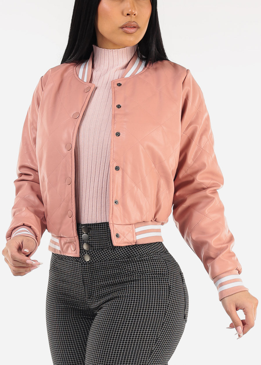 Quilted Vegan Leather Bomber Jacket Pink