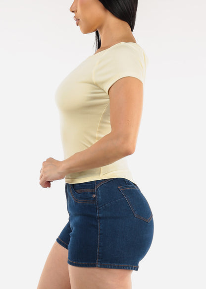 Short Sleeve Boat Neckline Stretch Top Yellow