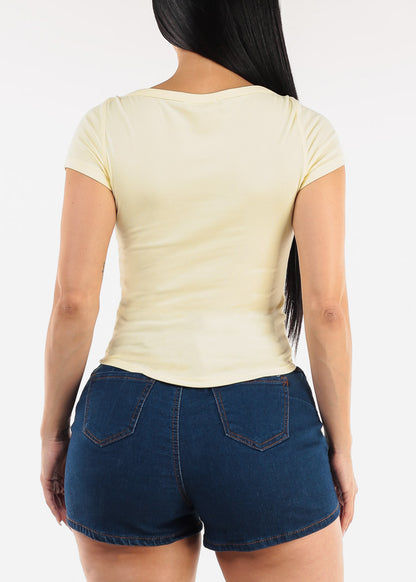 Short Sleeve Boat Neckline Stretch Top Yellow