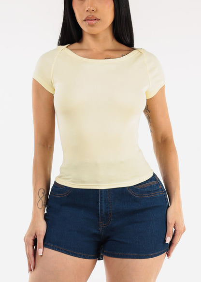 Short Sleeve Boat Neckline Stretch Top Yellow