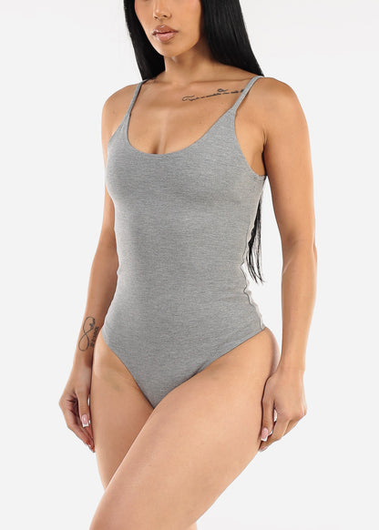 Sleeveless Scoop Neck Thong Bodysuit Grey