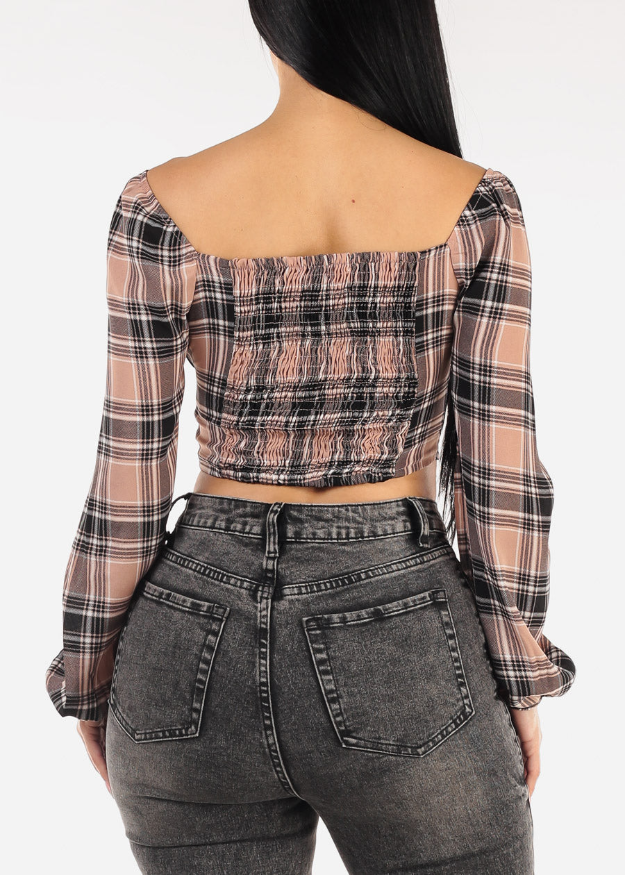 Long Sleeve Plaid Crop Top Mauve