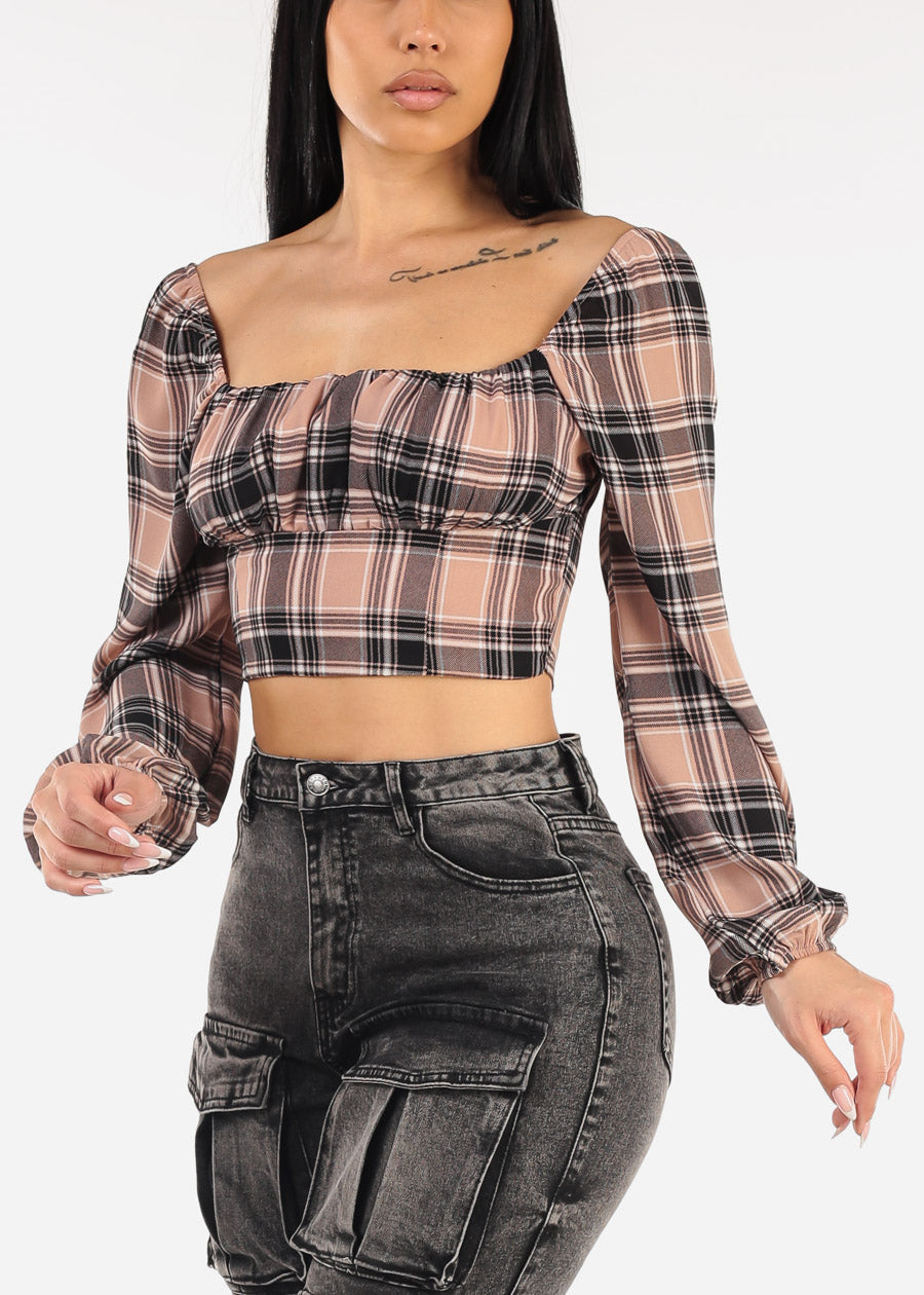 Long Sleeve Plaid Crop Top Mauve