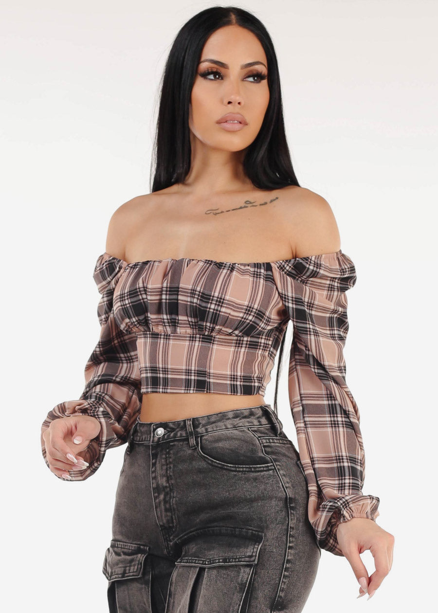 Long Sleeve Plaid Crop Top Mauve