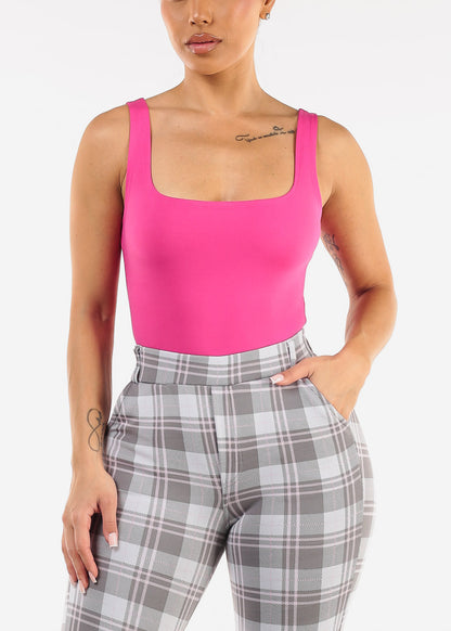 Sleeveless Square Neck Thong Bodysuit Fuschia