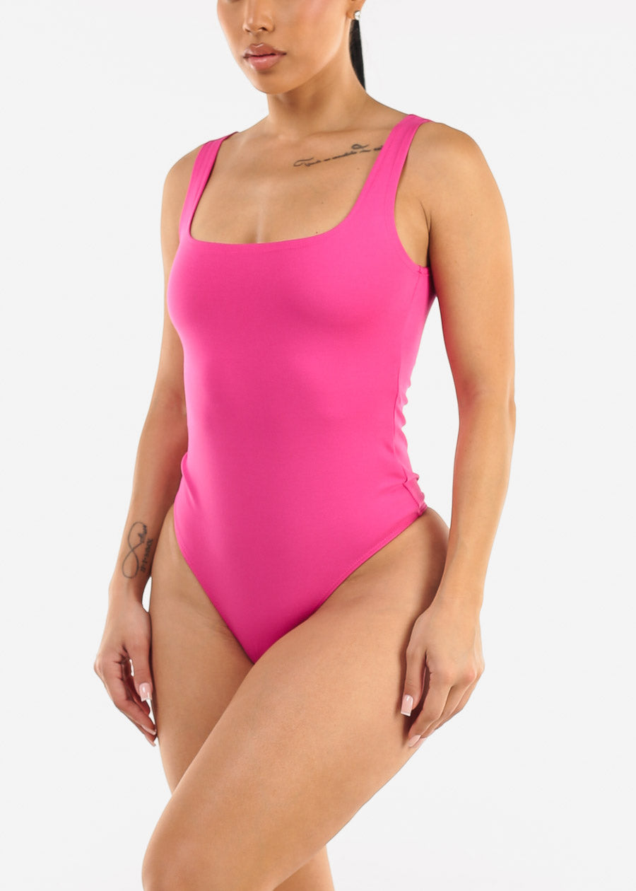 Sleeveless Square Neck Thong Bodysuit Fuschia