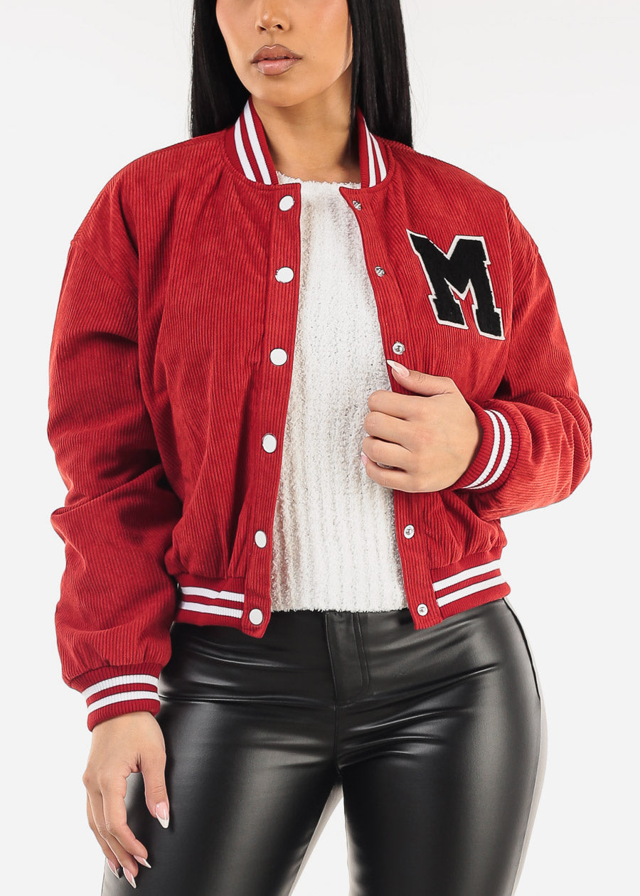 Long Sleeve Corduroy Varsity Jacket Red