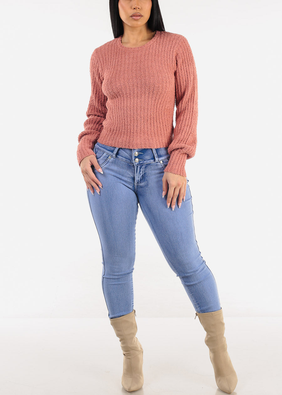 Long Sleeve Crewneck Plush Sweater Dusty Rose