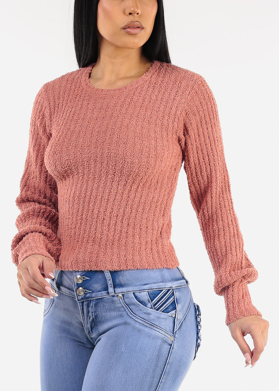 Long Sleeve Crewneck Plush Sweater Dusty Rose