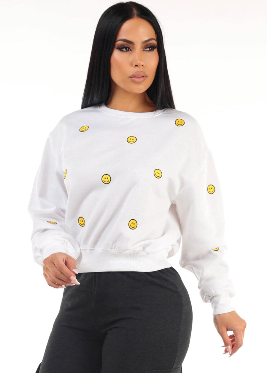 White Crewneck Fleece Sweatshirt w Smiley Faces