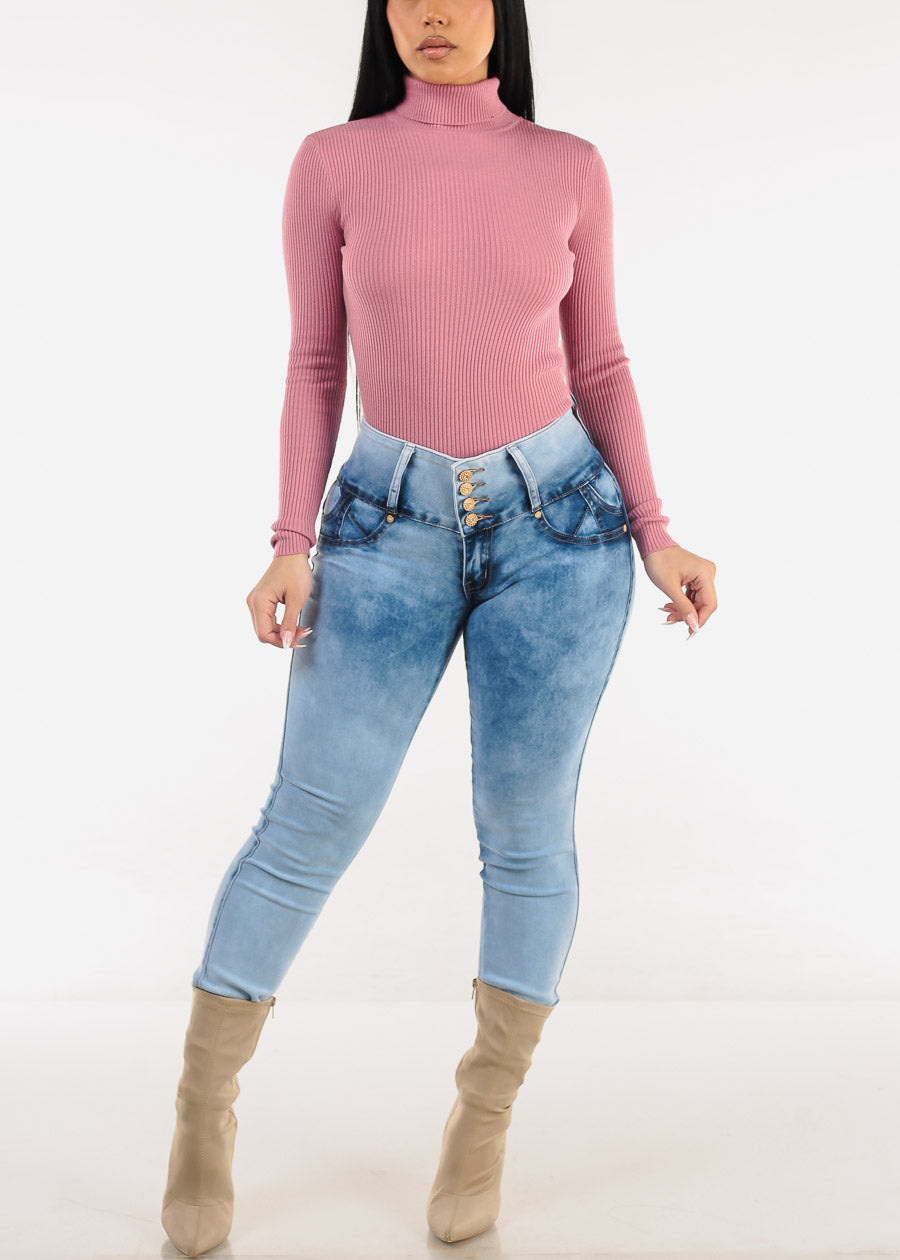 Long Sleeve Turtleneck Ribbed Sweater Pink