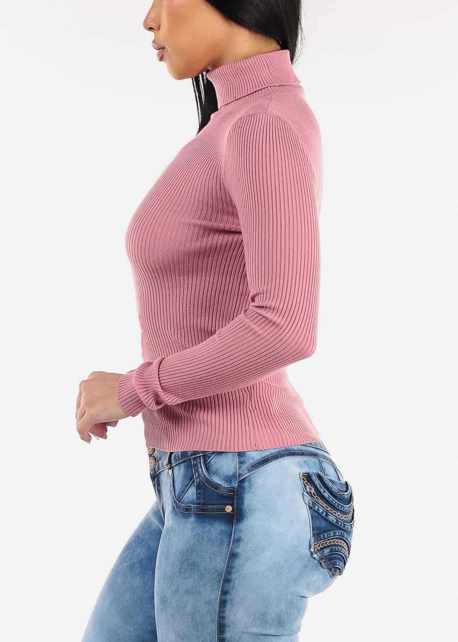 Long Sleeve Turtleneck Ribbed Sweater Pink