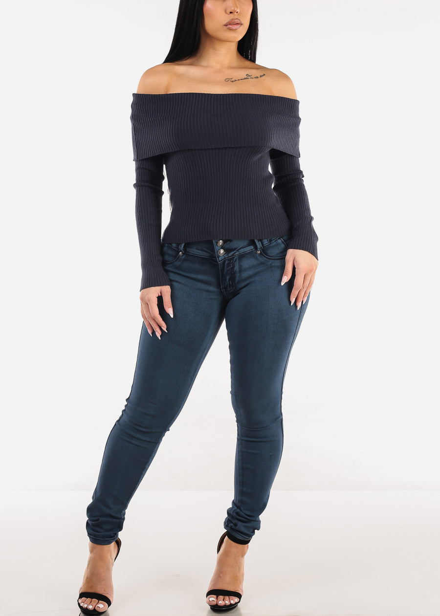 Off Shoulder Ribbed Sweater Top Navy