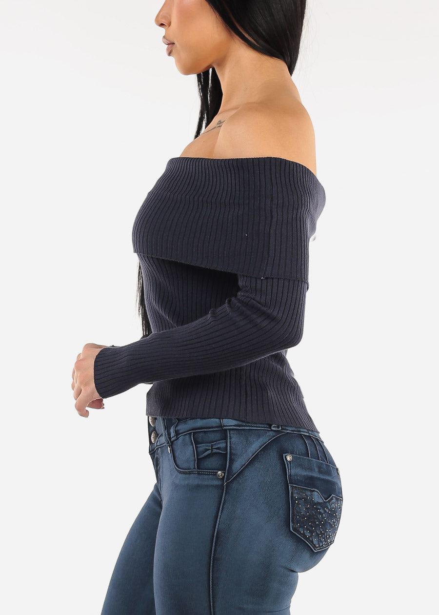 Off Shoulder Ribbed Sweater Top Navy