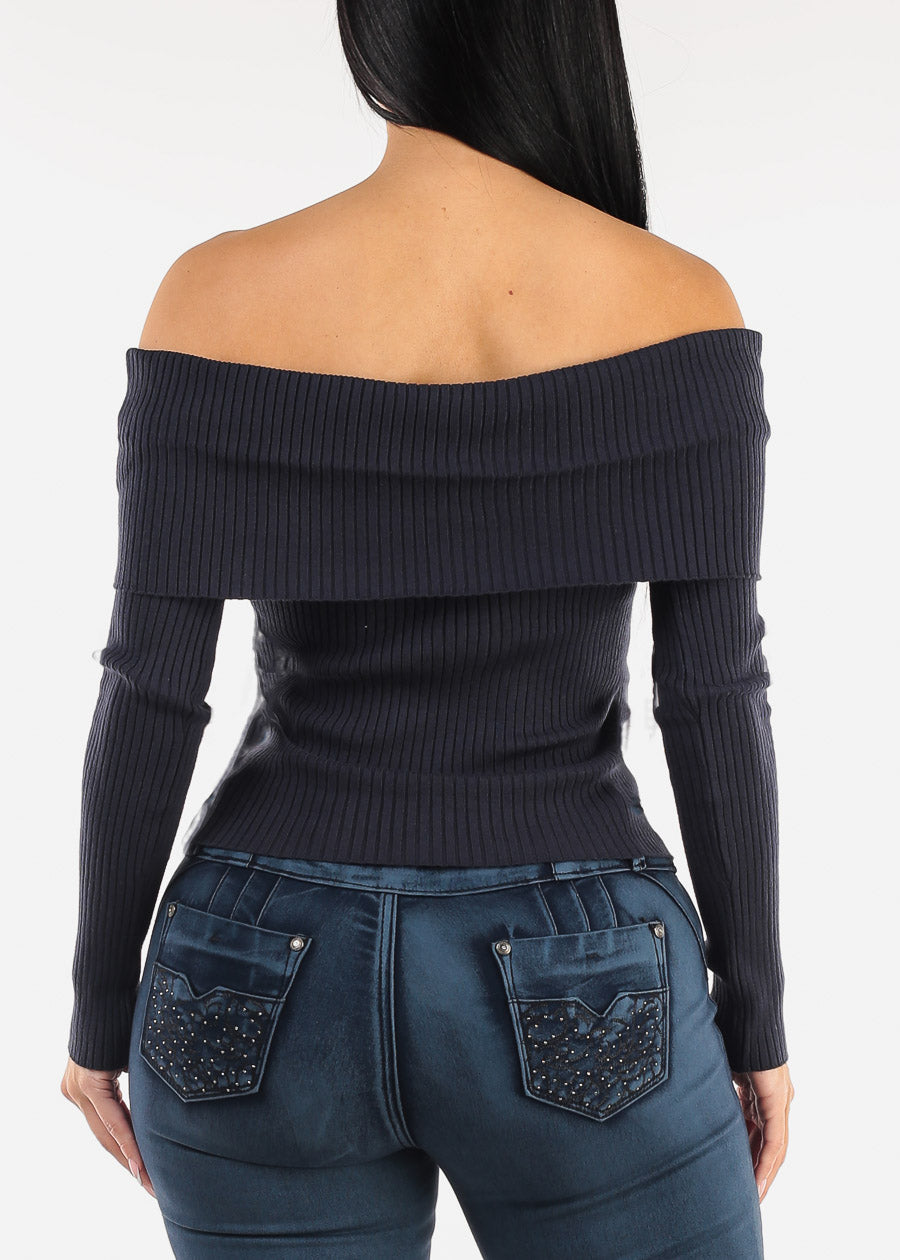 Off Shoulder Ribbed Sweater Top Navy