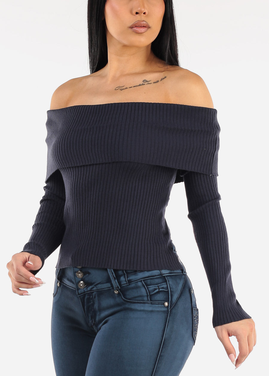 Off Shoulder Ribbed Sweater Top Navy