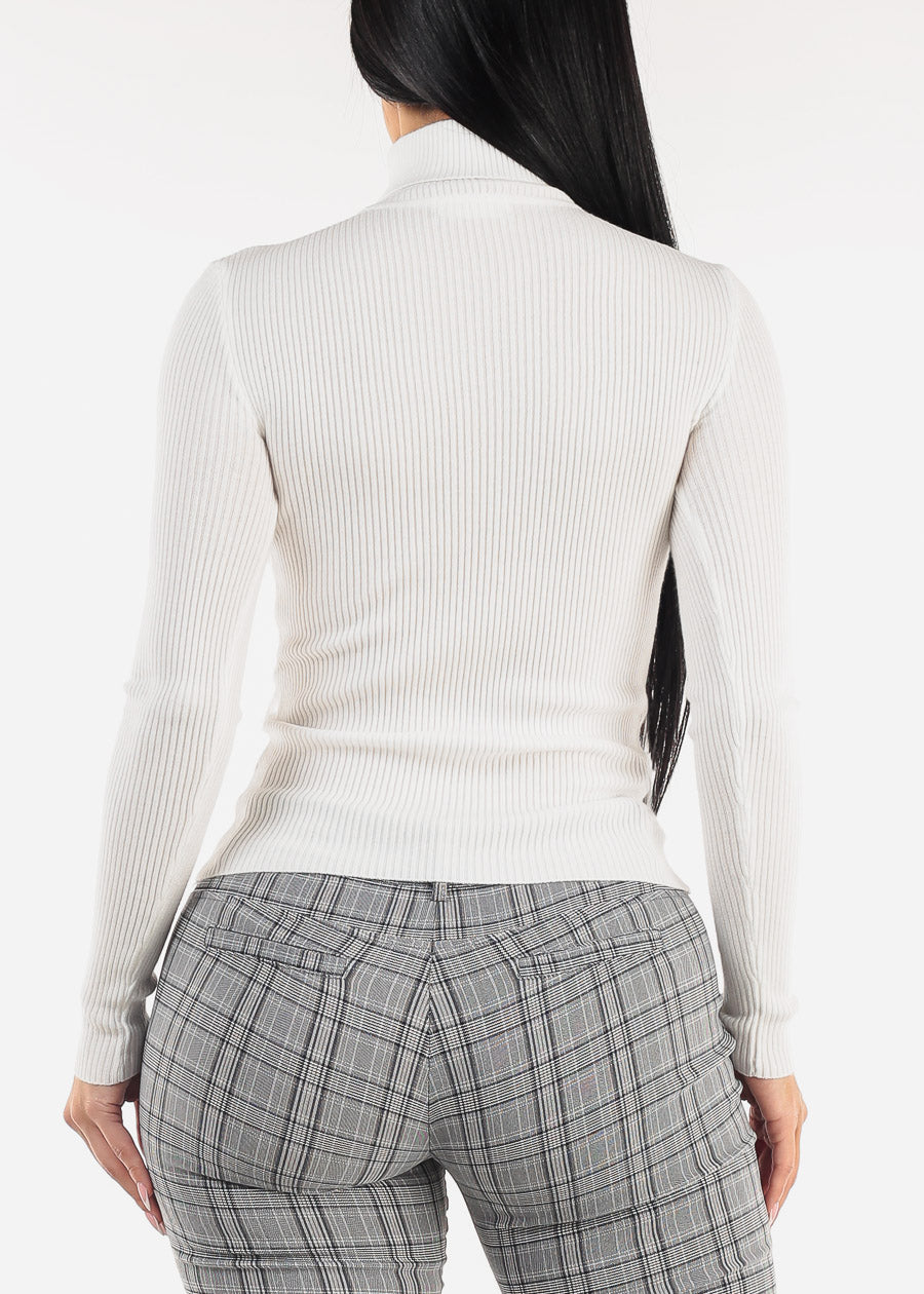 White Long Sleeve Turtleneck Ribbed Sweater