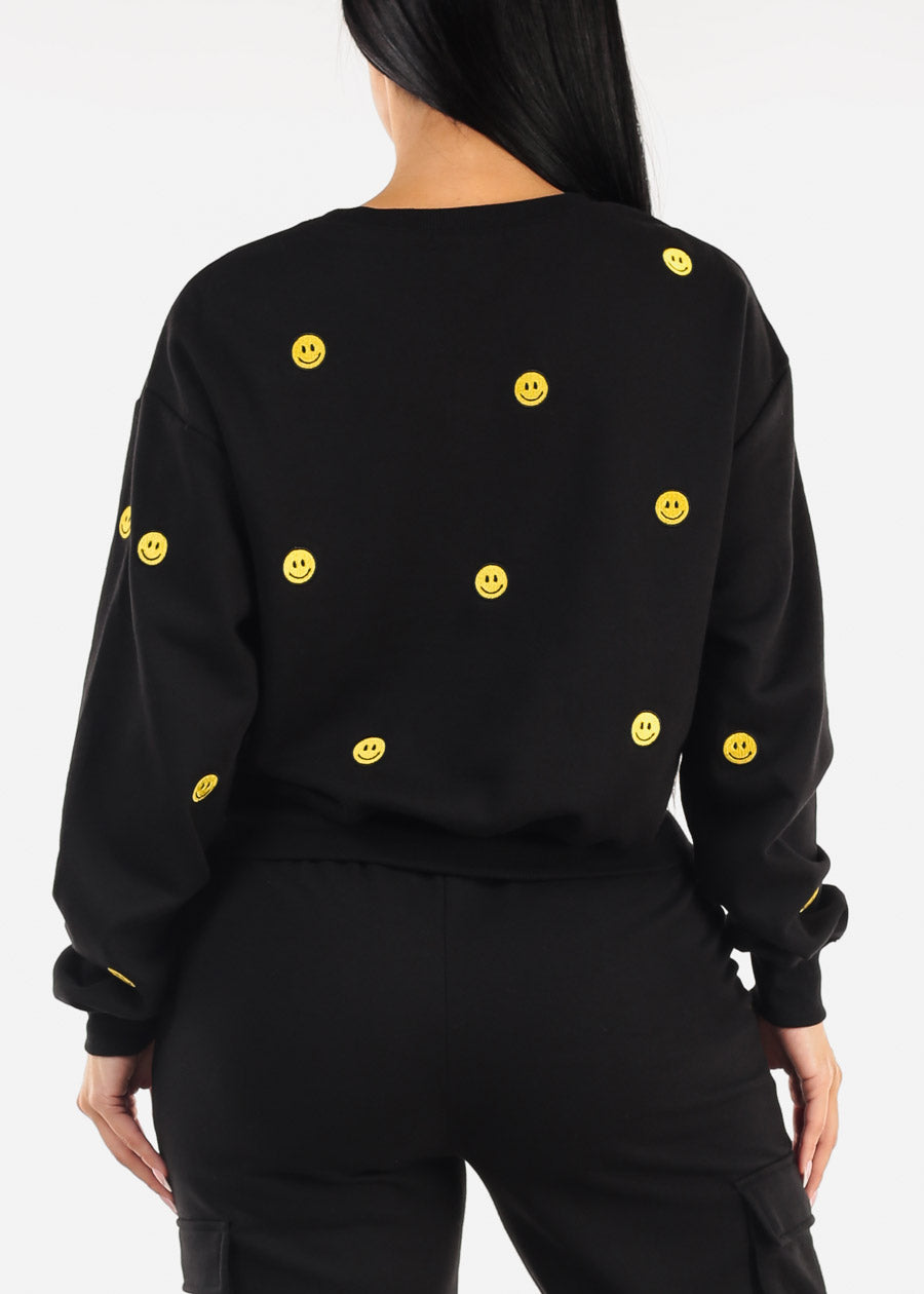 Black Crewneck Fleece Sweatshirt w Smiley Faces