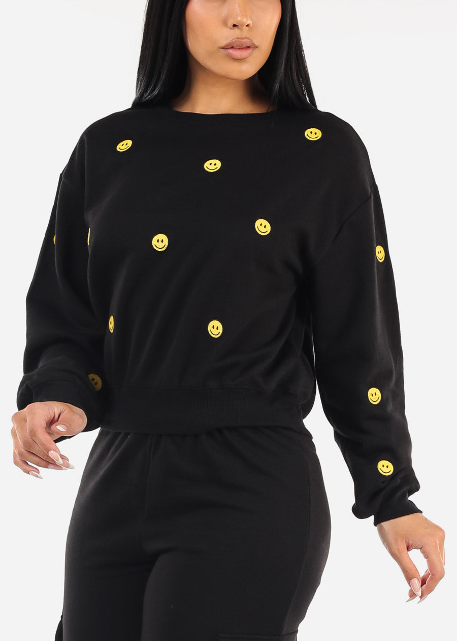 Black Crewneck Fleece Sweatshirt w Smiley Faces