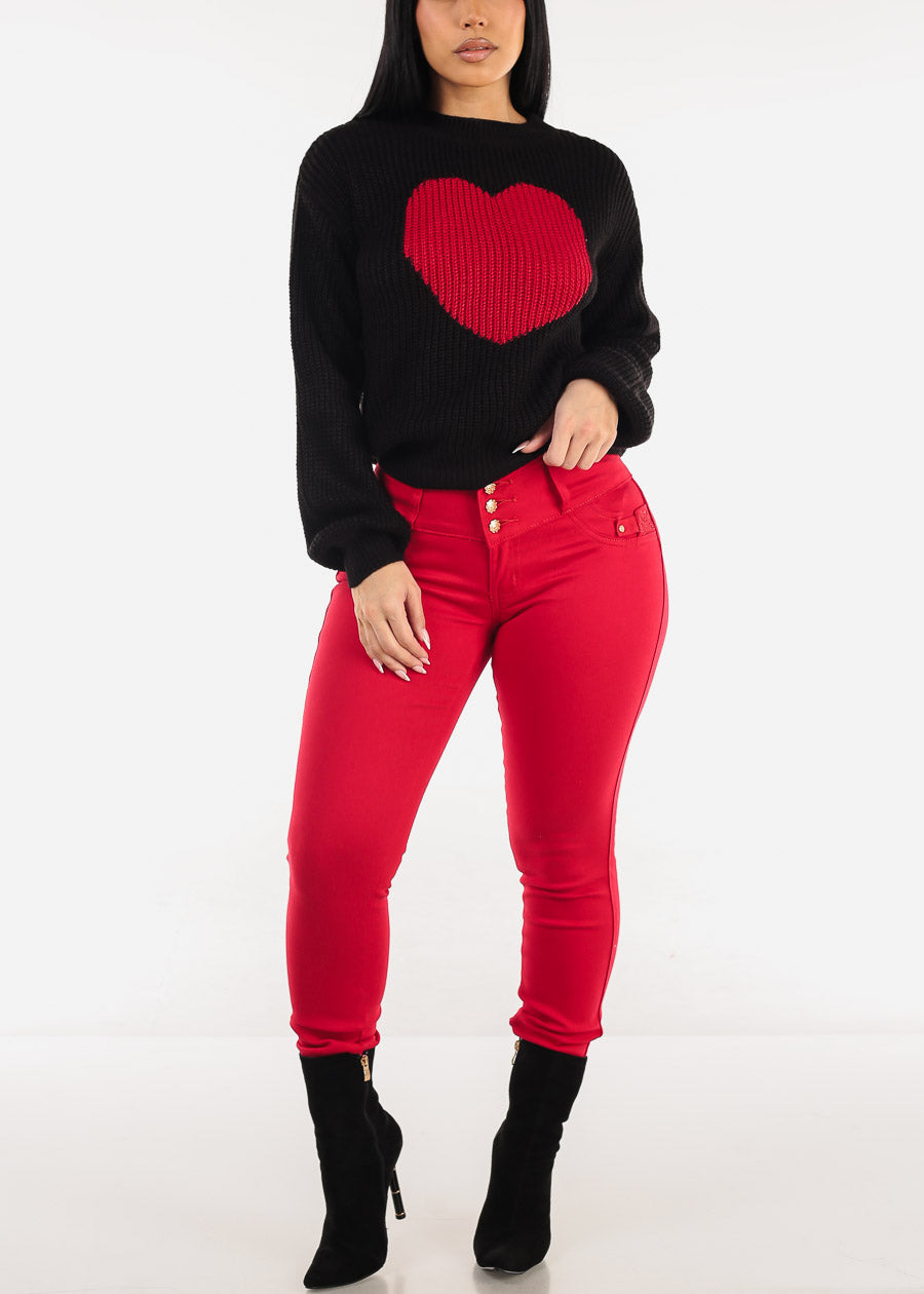 Long Sleeve Crewneck Knitted Sweater Black "Heart"