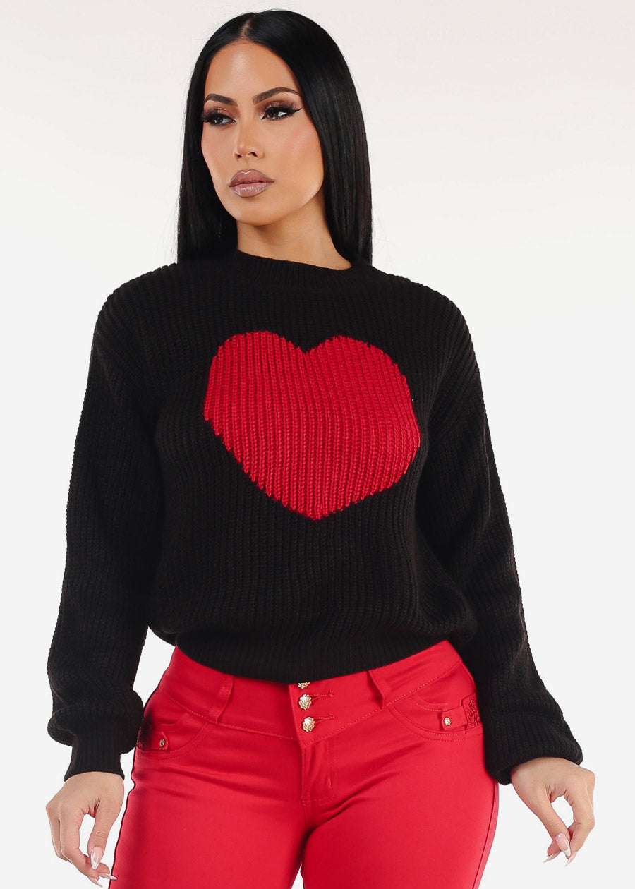 Long Sleeve Crewneck Knitted Sweater Black "Heart"